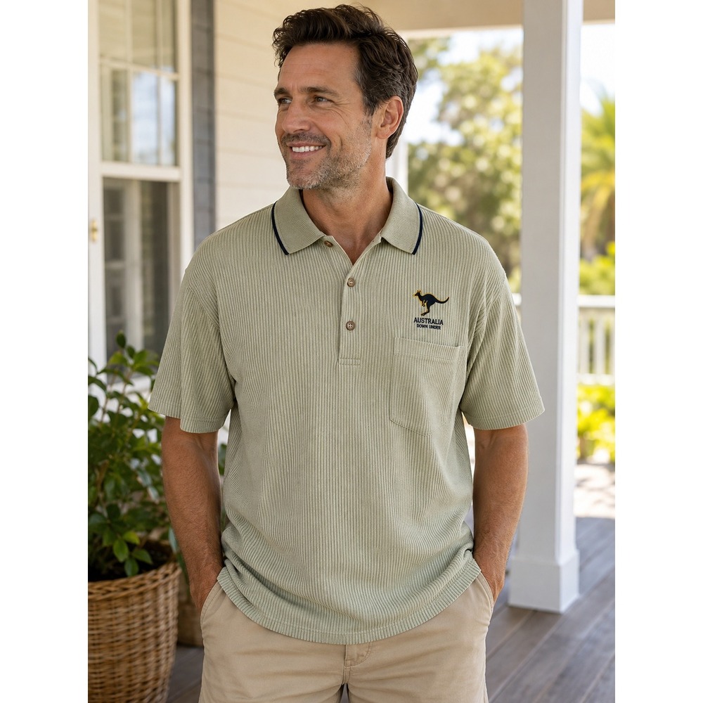 Hoxley Australia Gold Coast Ribbed Polo Shirt Mens Large Tan Kangaroo Souvenir